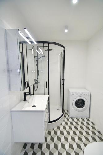 a bathroom with a sink and a washing machine at Apartament Bytkowska in Katowice