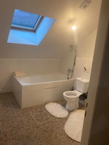 La salle de bains est pourvue d'une baignoire, de toilettes et d'une lucarne. dans l'établissement Maison 5 chambres 2 salons, à Saint Pierre en Faucigny