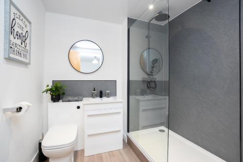 a bathroom with a toilet and a sink and a mirror at Panacotta House - Luxury 1 Bed Apartment in Aberdeen in Aberdeen