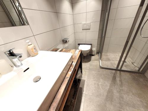 a bathroom with a sink and a toilet at Apart Garni Jägerheim in Kappl