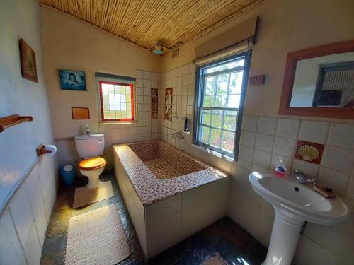 een badkamer met een bad, een toilet en een wastafel bij Wolverfontein Karoo Cottages in Ladismith