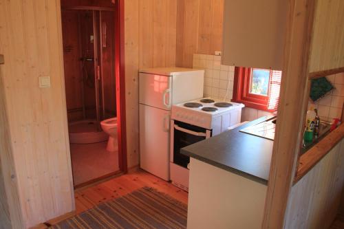 a kitchen with a refrigerator and a stove at Hov Hyttegrend in Viksdalen