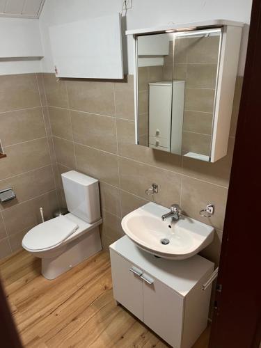 La salle de bains est pourvue de toilettes, d'un lavabo et d'un miroir. dans l'établissement GuglielMotel, à Quinto
