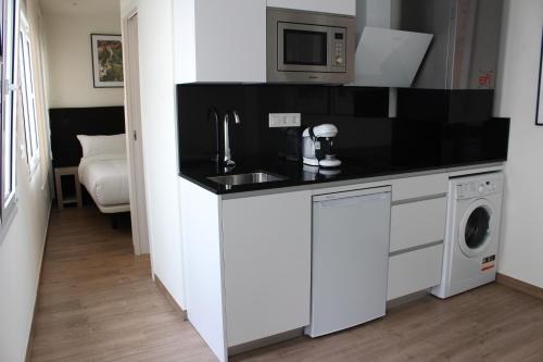 a kitchen with a sink and a washing machine at Apartamentos Centro Jardines in Madrid