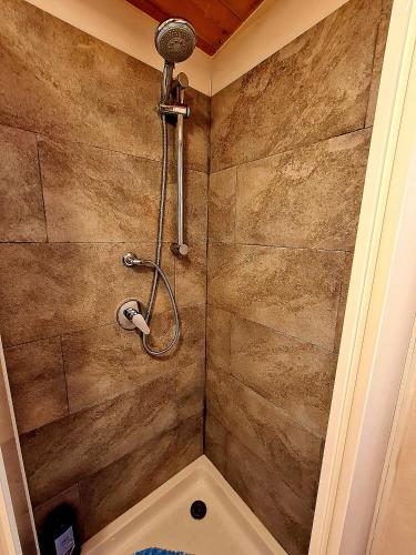 a shower in a bathroom with a stone wall at LA CASA DEL SOLE in Merone