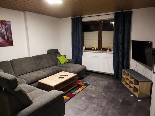 a living room with a couch and a tv at Apartment "Zur Rotbuche" in Lindau