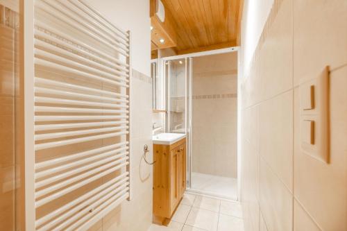 een badkamer met witte muren, een douche en een wastafel bij CT in Verbier