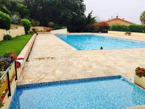 - une piscine avec une terrasse en pierre et de l'eau bleue dans l'établissement Les Hibiscus, à Saint-Mandrier-sur-Mer