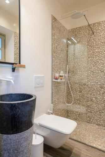 a bathroom with a shower and a toilet and a sink at Katergo Luxury Villas in Stoupa