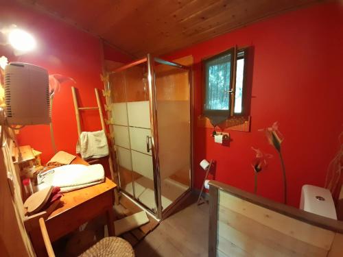 ファイエンスにあるB&B L'Albatrosの赤い壁のバスルーム(シャワー、シンク付)