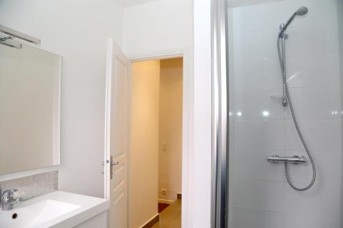 a bathroom with a shower and a sink at Charmant 2 Pièces in Honfleur