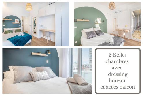 a collage of three pictures of a room at SUD PASSION - Sakakini - calme - 3 chambres - lumineux - fibre in Marseille