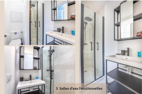 La salle de bains est pourvue de 3 lavabos et d'une douche. dans l'établissement SUD PASSION - Sakakini - calme - 3 chambres - lumineux - fibre, à Marseille