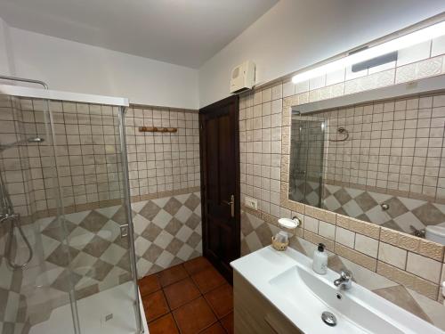 a bathroom with a sink and a shower at Ático Casa Ángel in Bubión