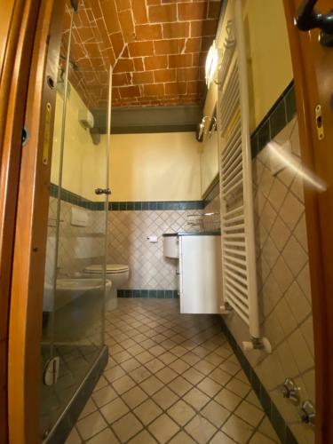 a small bathroom with a shower and a toilet at relais L’Imperatore in Prato