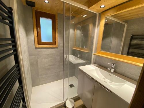 La salle de bains est pourvue d'une douche, d'un lavabo et d'un miroir. dans l'établissement Appartement La Clusaz, 4 pièces, 6 personnes - FR-1-459-45, à La Clusaz