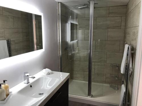 La salle de bains est pourvue d'un lavabo et d'une douche avec une porte en verre. dans l'établissement Fosse Paddock Country Studio 1 - Free Parking, à Nottingham