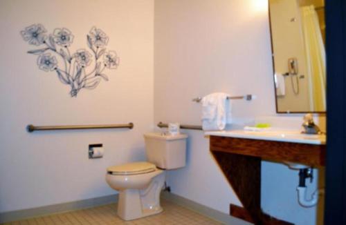 La salle de bains est pourvue de toilettes et d'un lavabo. dans l'établissement Covered Wagon Motel Lusk WY, à Lusk