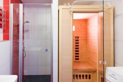 baño con ducha y puerta de cristal en Appartement Klosterhügel en Haus im Ennstal