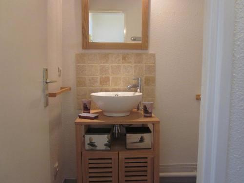 une salle de bain avec un lavabo et un miroir dans l'établissement Superbe vue sur le chenal, à Leucate