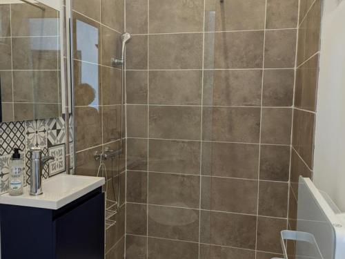 un bagno con doccia, lavandino e specchio di Maison charmante avec terrasse, jardin clos, barbecue, près de la Charente - 3 ch, 2 sdb - FR-1-653-31 a Bassac