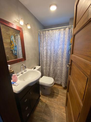 a bathroom with a sink and a toilet and a shower at Complejo Santa Ana Miramar Buenos Aires in Miramar