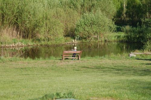 a person sitting on a bench next to a pond at Puszcza Romincka in Galwiecie
