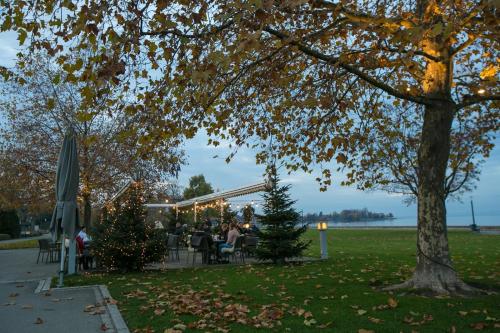 a group of people sitting at tables under a tree at INN JOY Apartments - Rorschach mit Panoramasicht in Rorschach