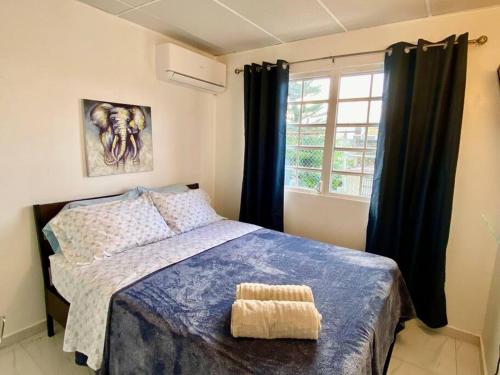 a bedroom with a bed with a blue blanket and a window at Centric 3B/1Bath near trendy Loiza Street in San Juan