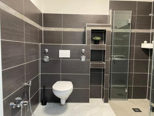 a bathroom with a toilet and a shower at Fully equipped apartment 3 rooms 5 Bed in Hamburg