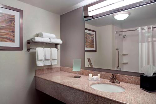 uma casa de banho com um lavatório e um espelho grande em Sonesta Select Atlanta Cumberland Galleria em Atlanta