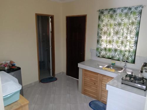 a bathroom with a sink and a shower with a window at Gal's Guesthouse in Siquijor