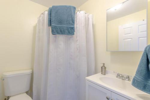 a bathroom with a shower curtain and a toilet and a sink at Studio A mile from the best south Bay Beach in Redondo Beach