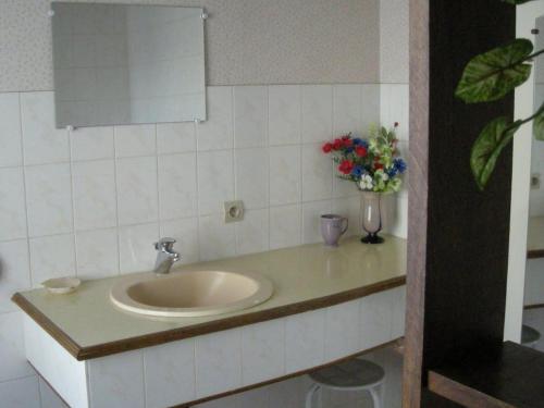 La salle de bains est pourvue d'un lavabo et d'un vase de fleurs. dans l'établissement Gîte Gehée, 6 pièces, 10 personnes - FR-1-591-34, à Gehée