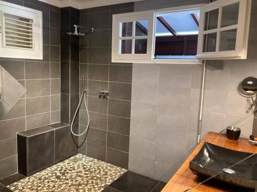 W łazience znajduje się prysznic i umywalka. w obiekcie Villa avec piscine et spa Montebello Petit-Bourg w mieście Petit-Bourg