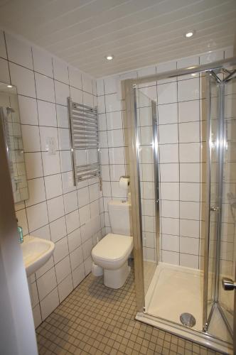 a bathroom with a shower and a toilet and a sink at Crestfield Hotel in London