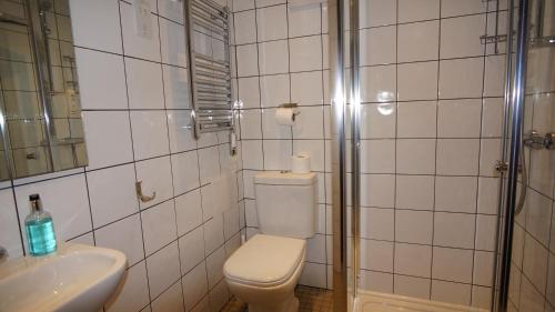 a bathroom with a toilet and a sink and a shower at Crestfield Hotel in London