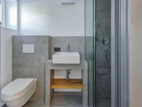 a bathroom with a sink and a toilet and a shower at Leni's Mountain Appartements in Dienten am Hochkönig