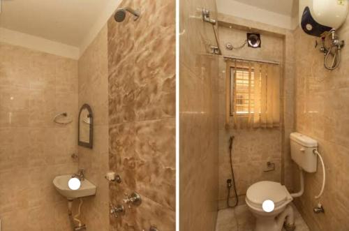 two pictures of a bathroom with a toilet and a shower at Skyline Lodge in Siliguri