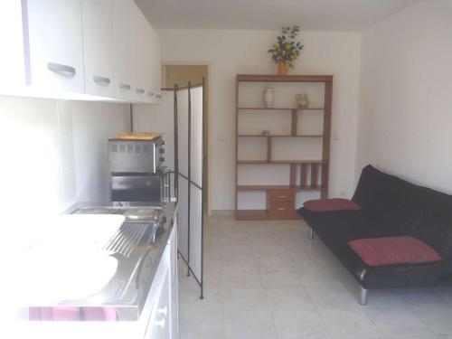 un salon avec un canapé et une cuisine dans l'établissement Studio Charmant à 2 Pas de la Plage avec Terrasse et Parking - FR-1-387-124, à Marseillan