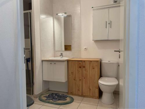 une salle de bain avec toilettes, lavabo et miroir dans l'établissement Appartement 2 pièces, terrasse, parking privé, proche plage et centre, Grau-du-Roi - FR-1-250-174, au Grau-du-Roi