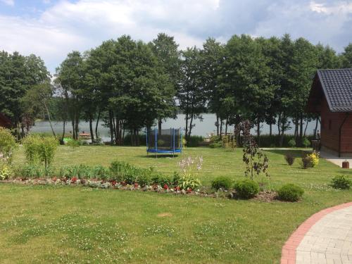 a park with a blue playground in the grass at Vila Viesai in Trakai