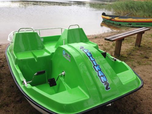 a green boat sitting on the shore of a body of water at Vila Viesai in Trakai