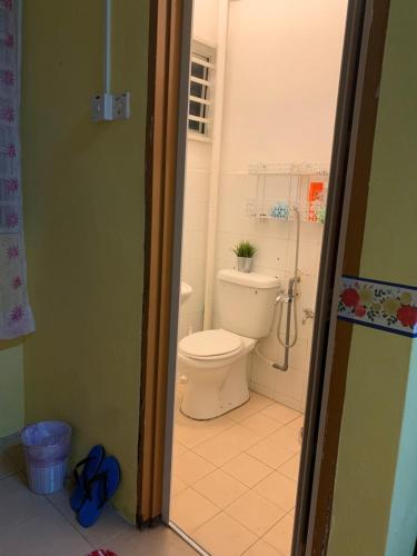 a bathroom with a toilet and a shower in it at EQ Malay Modest Homestay Port Dickson in Port Dickson