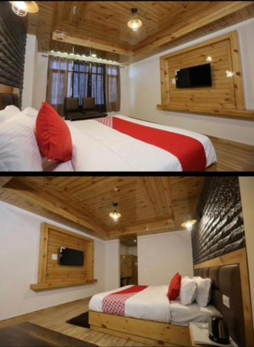 two pictures of a hotel room with two beds at ABC HOMESTAY in Shimla
