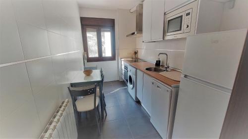 una pequeña cocina blanca con fregadero y lavavajillas en Apartamento Las Campanitas, en Nuñomoral