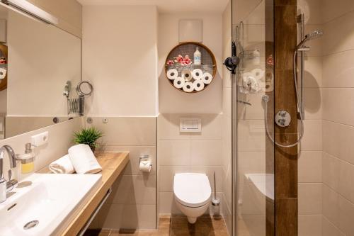y baño con aseo, lavabo y ducha. en Monusse Boid Wohnung 13 en Pfronten