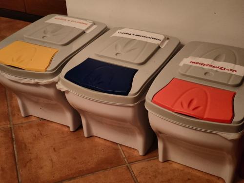 three toilets with different colored seats sitting on the floor at VILLA VICINUS - 120 mq - parking - garden in Vietri sul Mare