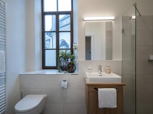 a bathroom with a sink and a toilet and a mirror at Kirchenwirt Wörgl in Wörgl