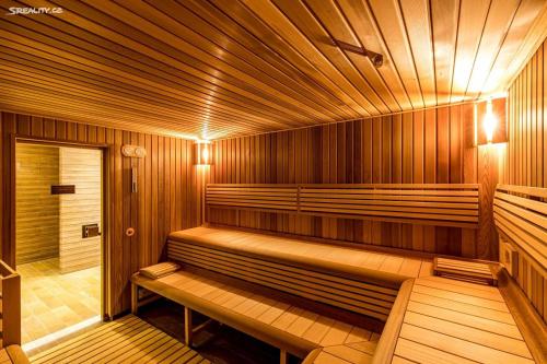 sauna z ławką w drewnianej sali w obiekcie SPA Apartment Moser w Karlowych Warach
